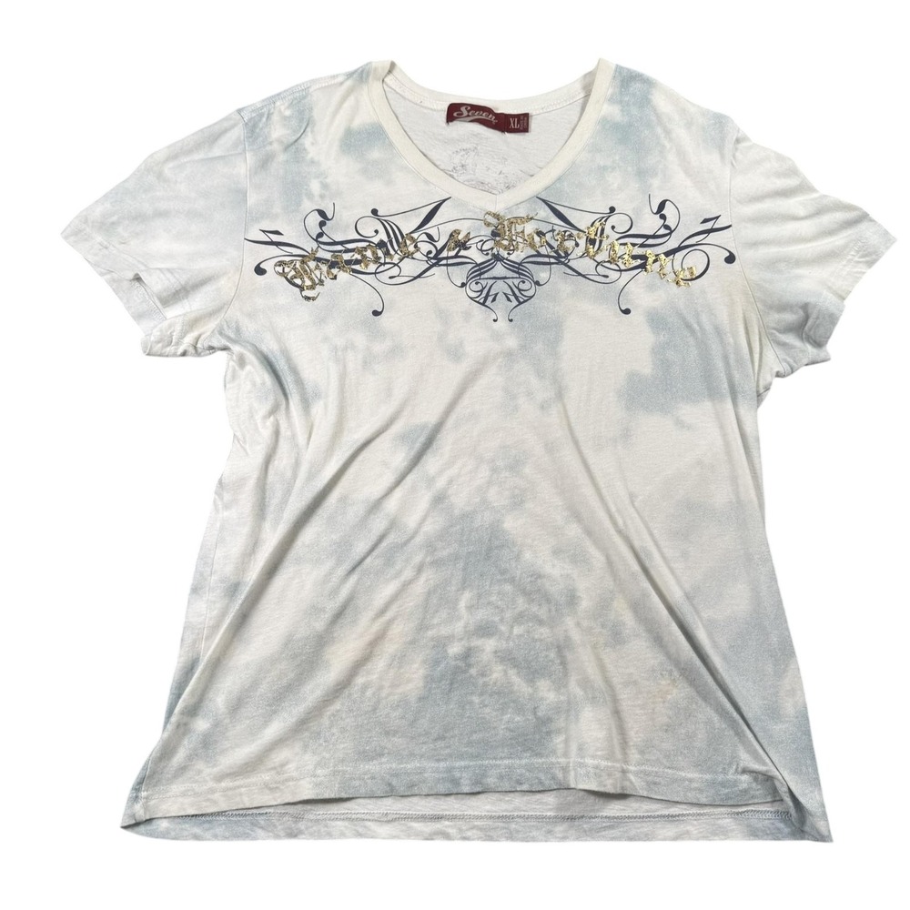 Seven Shirt Mens XL White Blue V Neck Graphic Metallic Foil Tee Casual